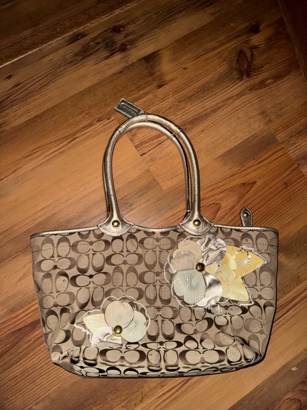 Coach Beige Signature Jacquard Tote with Floral Appliqués